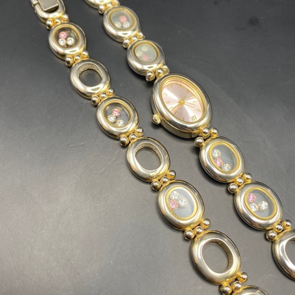 VALETTA Watch and Bracelet Jewelry Set Floating Crystals Pink White Gold Tone